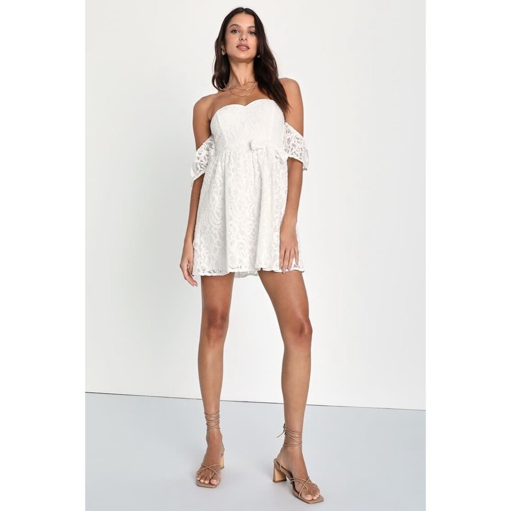 Lulus Inspired Cutie White Lace Off Shoulder Mini Dress M Bridal Party